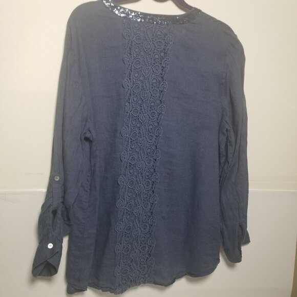 Chico's Women's Linen Navy Sequin Trim Crochet Back Accent Sz 3 US XL - Picture 2 of 7